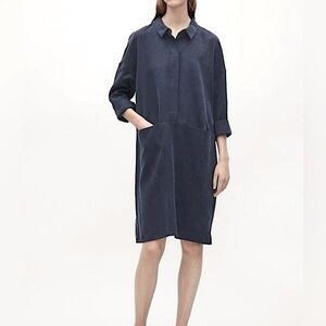 COS Collared Oversized Midi Knee Length‎ Minimalist Shirt Dress, Navy/Gray, XS